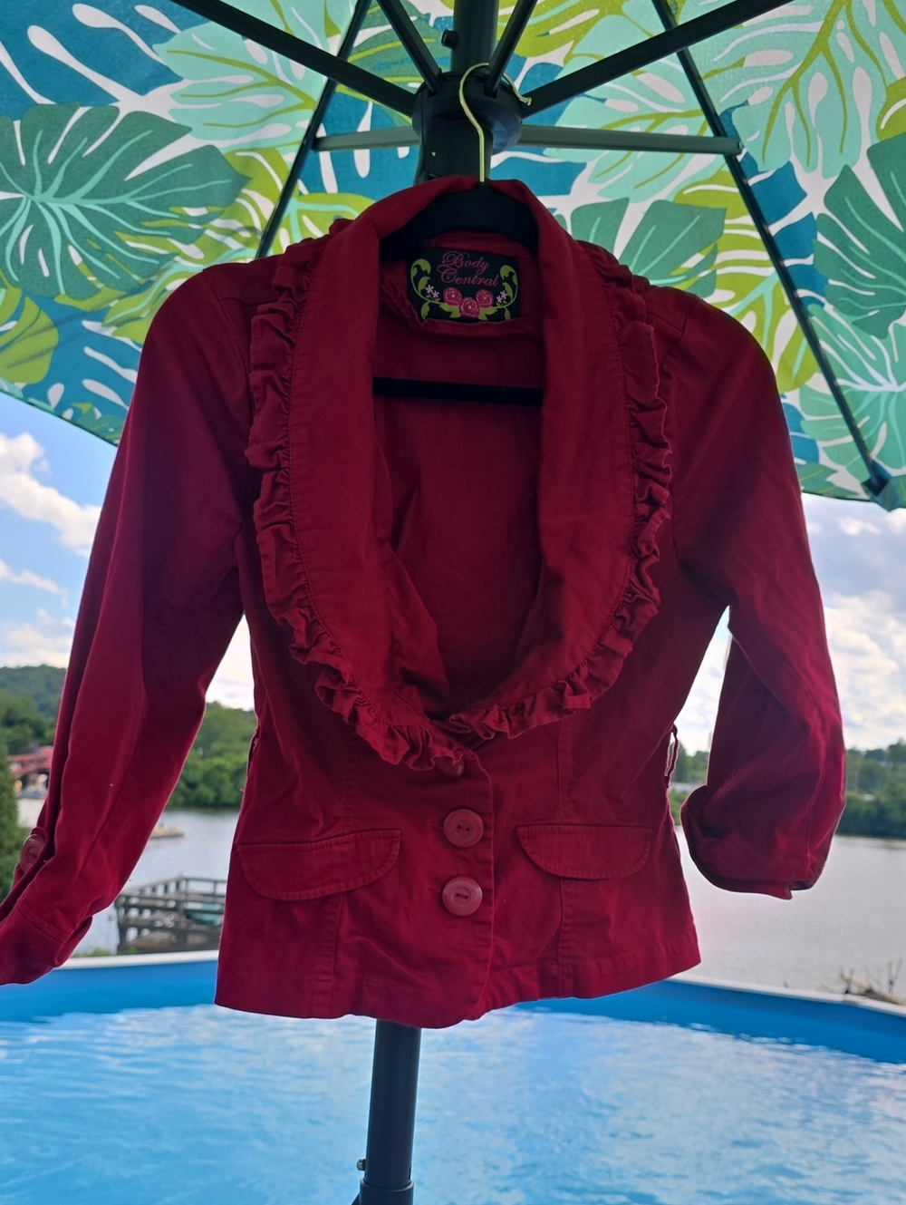 Body Central Red Ruffle-Trim Blazer Jacket